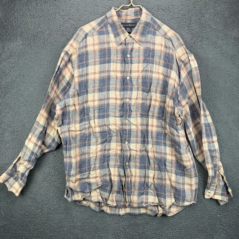 Banana Republic Mens XL Plaid Button Down Shirt 100% Linen Blue Tan Portugal